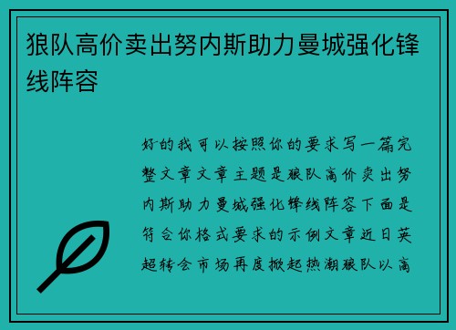 狼队高价卖出努内斯助力曼城强化锋线阵容