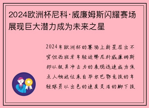 2024欧洲杯尼科·威廉姆斯闪耀赛场展现巨大潜力成为未来之星